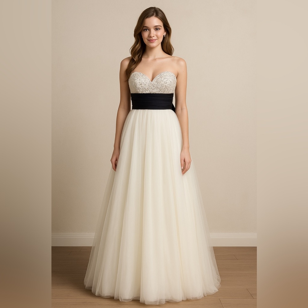 Jovani White & Black Strapless Beaded Sweetheart Gown Size 0